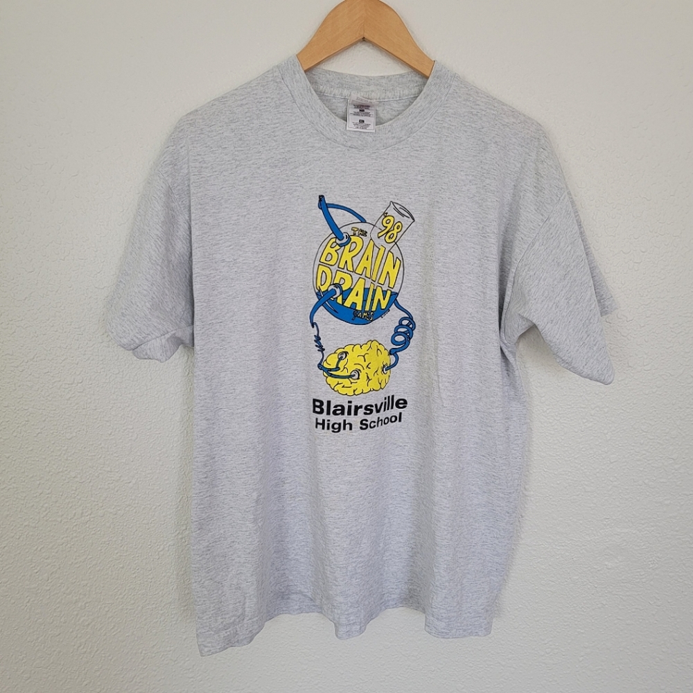1998 Vintage 'Brain Drain' High School Graphic Tee Grey Blue Yellow Neon T-SHIRT